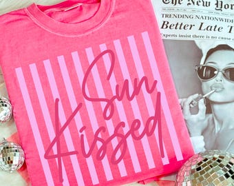 Comfort Colors® Sunkissed Shirt, Summer Beach Shirt, Preppy Summer Graphic Tee, Striped Summer Aesthetic Tee, Trendy Beach Vacation Shirt