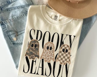 Comfort Colors® Spooky Season Shirt, Faux Patchwork Halloween Ghost Shirt, Trendy Fall Graphic Tee, Camo Checkered Leopard Ghosts Tee
