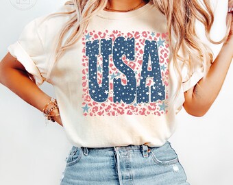 Comfort Colors® Retro USA Shirt, 4th Of July Shirt, Distressed Leopard Print USA T-Shirt, Women's Patriotic Shirt, Independence Day Tee