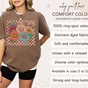 Comfort Colors® Vintage Floral Shirt, Retro Checkered Flowers Shirt, Womens Graphic Tee, Boho Wildflowers Cottagecore Shirt, Gift For Women image 2