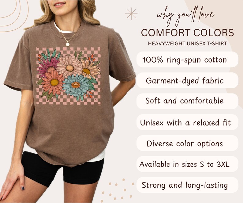 Comfort Colors® Vintage Floral Shirt, Retro Checkered Flowers Shirt, Womens Graphic Tee, Boho Wildflowers Cottagecore Shirt, Gift For Women image 2