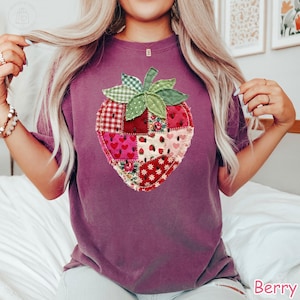 Comfort Colors® Strawberry Shirt, Patchwork Quilted Farmhouse Berry Tee, Rustic Gingham Floral Cottagecore Shirt, Vintage Aesthetic Tee image 6