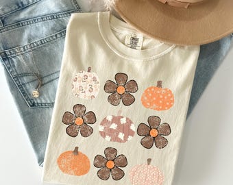Comfort Colors® Boho Floral Pumpkin Shirt, Retro Fall Pumpkin T-Shirt, Autumn Pumpkins Shirt, Cute Pumpkin Season Shirt, Pumpkin Patch Shirt
