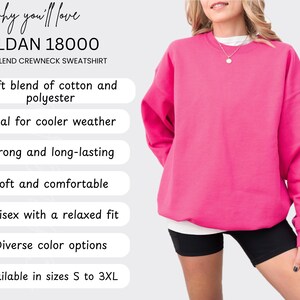 May include: A pink Gildan 18000 heavy blend crewneck sweatshirt. The sweatshirt is made of a soft blend of cotton and polyester. It is ideal for cooler weather and has a relaxed fit. The sweatshirt is available in sizes S to 3XL.