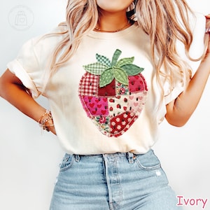 Comfort Colors® Strawberry Shirt, Patchwork Quilted Farmhouse Berry Tee, Rustic Gingham Floral Cottagecore Shirt, Vintage Aesthetic Tee image 2