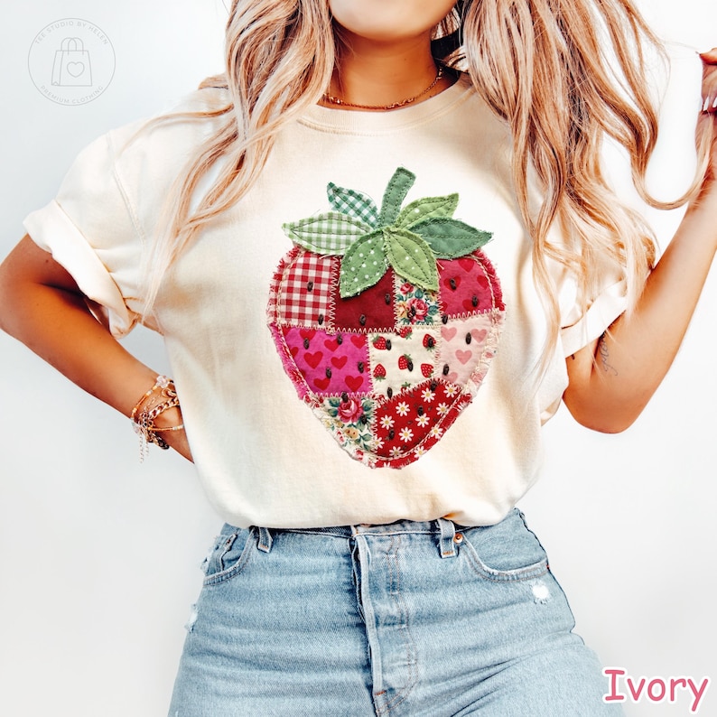 Comfort Colors® Strawberry Shirt, Patchwork Quilted Farmhouse Berry Tee, Rustic Gingham Floral Cottagecore Shirt, Vintage Aesthetic Tee image 2