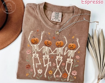 Comfort Colors® Dancing Skeleton Floral Halloween T-Shirt, Boho Spooky Wildflower Graphic Tee