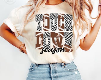Comfort Colors® Touchdown Season Football Shirt, Checkered Game Day T-Shirt, Football Mom Tee, Fall Football Graphic Tee