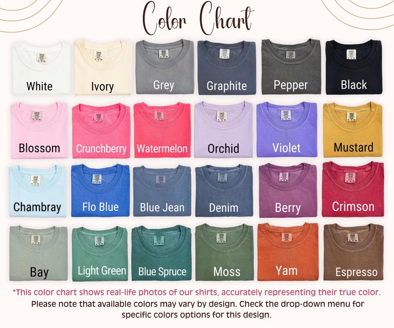 Peut inclure: Un nuancier de couleurs pr&eacute;sentant des t-shirts de diff&eacute;rentes couleurs, dont blanc, ivoire, gris, graphite, poivre et noir. D'autres couleurs incluent blossom, crunchberry, past&egrave;que, orchid&eacute;e, violet et moutarde. D'autres couleurs sont chambray, flo blue, blue jean, denim, berry et cramoisi.