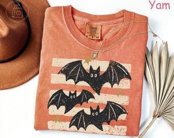 Camiseta Comfort Colors® Vintage Bat para Halloween, camiseta retro para la temporada de Halloween, camiseta de otoño para mujer, top bohemio gótico, regalo cottagecore extragrande
