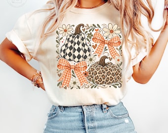 Comfort Colors® Fall Pumpkin Shirt, Preppy Leopard Checkered Pumpkin Shirt, Cute Fall Cottagecore Tee, Autumn Floral Shirt, Thanksgiving Tee