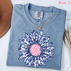 Comfort Colors® Sunflower Shirt, Cute Summer Shirt, Daisy Flower Women Shirt, Blue Toile Spring Flower Shirt Trendy Floral Women Graphic Tee image 3