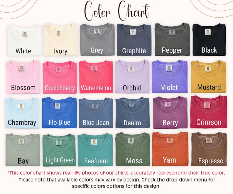 Puede incluir: Una carta de colores que muestra veinticuatro camisetas dobladas en varios tonos, incluyendo blanco, marfil, gris, grafito, pimienta, negro, flor, crunchberry, sand&iacute;a, orqu&iacute;dea, violeta, mostaza, chambray, azul flo, azul jean, mezclilla, baya, carmes&iacute;, bah&iacute;a, verde claro, espuma de mar, musgo, &ntilde;ame y espresso.