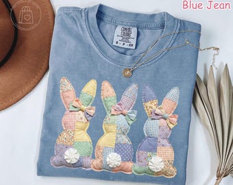 Comfort Colors® Faux Patchwork Bunny Shirt, Vintage Cottagecore Easter Shirt, Spring Floral Graphic Tee, Gift for Women