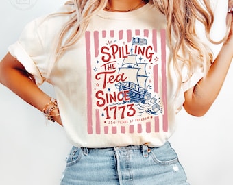 Comfort Colors® Spilling The Tea Since 1773 Shirt, Funny 4th Of July Tee, Striped Patriotic USA Shirt, Preppy 250th Anniversary Shirt