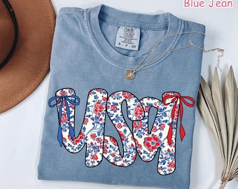 Comfort Colors® Coquette Bow USA Shirt 4th of July Shirt Cute Women's Patriotic Shirt USA Bow Tee America Shirt Fourth of July Gift for Her