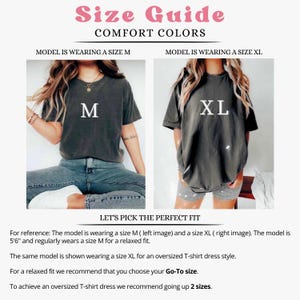 May include: Size guide for a t-shirt with two models wearing the shirt in different sizes. The model on the left is wearing a size M and the model on the right is wearing a size XL. The text on the image reads "Size Guide Comfort Colors" and "Let's Pick the Perfect Fit".