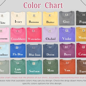 May include: A colour chart displaying twenty-four folded t-shirts in various shades including white, ivory, banana, butter, grey, pepper, blossom, crunchberry, watermelon, orchid, violet, mustard, chambray, flo blue, blue jean, denim, berry, crimson, bay, light green, seafoam, moss, yam, and espresso.