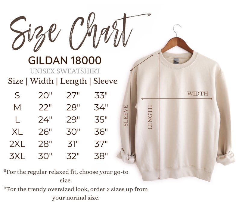 Puede incluir: Sudadera unisex Gildan 18000 beige con una tabla de tallas. La tabla muestra medidas en pulgadas (S: 51cm x 69cm x 84cm a 3XL: 76cm x 81cm x 97cm) para ancho, largo y largo de manga.
