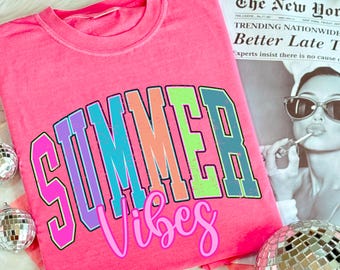 Comfort Colors® Summer Vibes Shirt, Retro Summer T-shirt, Neon Trendy Summer Graphic Tee, Vintage Summer Shirt for Women, Beach Vacation Tee