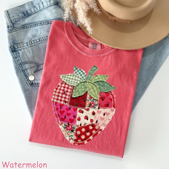 Comfort Colors® Strawberry Shirt, Patchwork Quilted Farmhouse Berry Tee, Rustic Gingham Floral Cottagecore Shirt, Vintage Aesthetic Tee