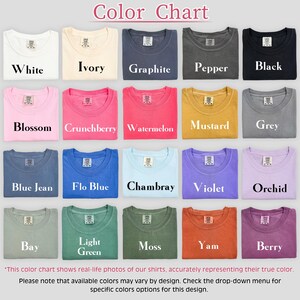May include: Color chart showcasing various t-shirt colors, including white, ivory, graphite, pepper, black, blossom, crunchberry, watermelon, mustard, grey, blue jean, flo blue, chambray, violet, orchid, bay, light green, moss, yam, and berry. The text "Color Chart" is at the top.