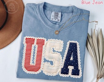 Comfort Colors® USA Shirt, 4th of July Shirt, Faux Patchwork USA Shirt, Patriotic Shirt, Fourth of July Tee, Retro USA Flag Shirt