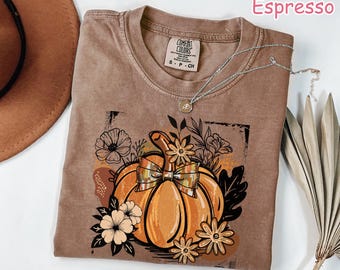 Comfort Colors® Floral Pumpkin Shirt, Retro Fall Pumpkin Shirt, Coquette Fall Bow T-Shirt, Autumn Shirt, Women's Fall T-Shirt, Pumpkin Spice