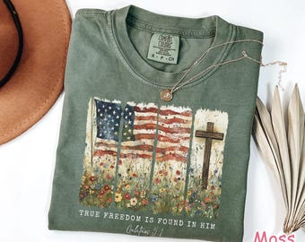 Comfort Colors® Christian 4th Of July Shirt, Religious Patriotic Shirt, Bible Verse Tee, Retro USA Shirt Christian Gifts Women's Faith Shirt