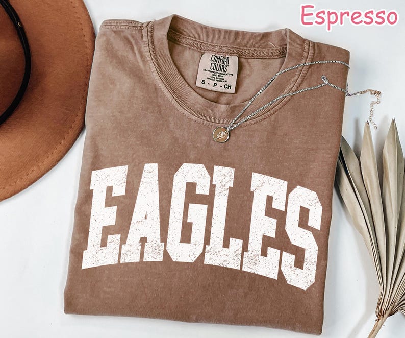 May include: Espresso-coloured t-shirt featuring the word "EAGLES" in large, distressed white letters. The shirt has a crew neck and a Comfort Colors tag. A silver necklace with a pendant is draped across the shirt.