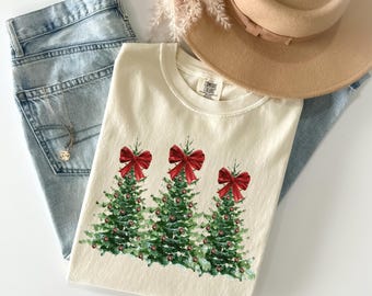 Comfort Colors® Christmas Trees Shirt, Coquette Christmas Bows Shirt, Cute Holiday Shirt, Women's Christmas Gift, Vintage Christmas T-Shirt