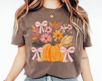 Comfort Colors® Floral Fall Pumpkin Shirt, Coquette Fall Bow T-Shirt, Autumn Flowers Shirt, Boho Fall Shirt for Women, Fall Vibes Shirt