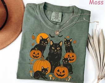 Comfort Colors® Black Cat Pumpkin Shirt, Vintage Halloween Cat Shirt, Spooky Season Tee, Fall Pumpkin Shirt, Cute Witchy Cat Shirt for Women