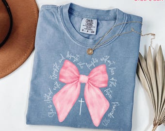 Comfort Colors® Coquette Christian Shirt Pink Bow Faith Shirt Bible Verse Shirt Womens Christian Gifts Religious Women Gift Jesus Apparel