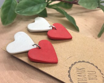 Sweetheart Two Tone Clay Heart Stud earrings- Red/white Valentine