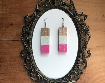 Wood Candy Pink Neapolitan style Glitter Block Earrings