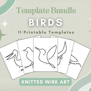 Może przedstawiać: Zestaw 11 drukowanych szablonów ptaków do robienia na drutach z drutu. Szablony przedstawiają różne sylwetki ptaków, w tym pelikana, kolibra i sowę. Tekst "Template Bundle BIRDS 11 Printable Templates KNITTED WIRE ART" jest widoczny w górnej części obrazu.