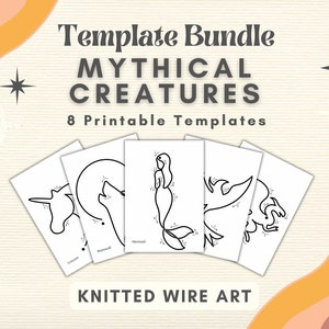 Puede incluir: Un conjunto de ocho plantillas imprimibles para el arte de alambre tejido que presenta criaturas míticas. Las plantillas incluyen un unicornio, un lobo, una sirena, un dragón y más.