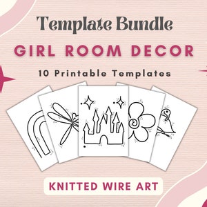 May include: A set of 10 printable templates for knitted wire art. The templates feature designs such as a rainbow, dragonfly, castle, flower, and bird. The templates are black and white and are ideal for creating unique and personalised decor for a girl's room.