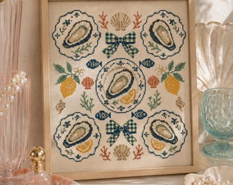 Cross stitch pattern coastal oyster embroidery pattern trendy sea shell stitch design gift for stitcher Counted XStitch PDF Instant Download