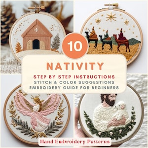 May include: A collection of ten hand embroidery patterns featuring Nativity scenes. The designs include a stable, the three wise men, an angel, and other religious figures, all within wooden embroidery hoops. The text reads "Nativity" and "Embroidery Guide for Beginners."