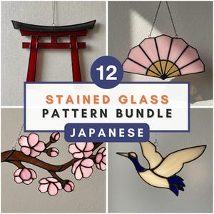 May include: A collection of 12 stained glass patterns with Japanese themes. The patterns include a Torii gate, a fan, a cherry blossom branch, and a flying bird. The text on the image reads "STAINED GLASS PATTERN BUNDLE JAPANESE".