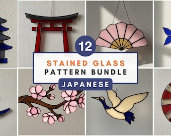 Japanse gebrandschilderd glaspatroon bundel PDF Sakura Torii bonsai waaiergolf Koi kraan Suncatcher sjablonen Aziatisch geïnspireerde glaskunst downloaden