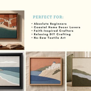 May include: A collection of framed textile art pieces depicting coastal scenes. The artwork features various landscapes with houses, beaches, and hills, using shades of blue, beige, and brown. Each piece is square and framed, showcasing a textured, handcrafted aesthetic.