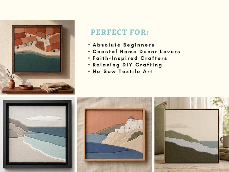 May include: A collection of framed textile art pieces depicting coastal scenes. The artwork features various landscapes with houses, beaches, and hills, using shades of blue, beige, and brown. Each piece is square and framed, showcasing a textured, handcrafted aesthetic.