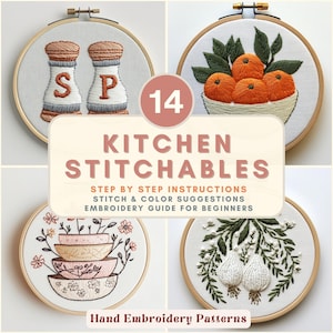 May include: A selection of 14 hand embroidery patterns in wooden hoops, featuring kitchen-themed designs such as salt and pepper shakers and oranges. The text "KITCHEN STITCHABLES" is displayed, along with instructions for beginners. Each hoop is approximately 15 cm in diameter.