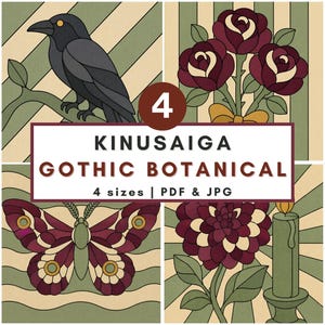 Pode incluir: Uma coleção digital de quatro padrões botânicos góticos Kinusaiga com um corvo preto, rosas vermelhas, uma borboleta e uma dália com uma vela. O texto diz 4 KINUSAIGA GOTHIC BOTANICAL 4 sizes | PDF & JPG numa caixa cor de vinho.