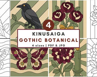 Goth Kinusaiga pattern bundle gothic botanical halloween goth fabric art diy dark decor no sew printable template craft gift Japanese Art