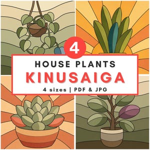 Pode incluir: Uma coleção digital de quatro designs de plantas de interior para arte Kinusaiga, com ilustrações de uma planta suspensa, uma sansevieria, uma suculenta e um ficus em tons quentes, com o texto 4 HOUSE PLANTS KINUSAIGA 4 sizes | PDF & JPG.