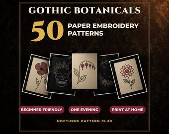 Gothic Paper Embroidery Patterns, Patterns Bundle 50 Dark Botanical Cards, Cards to Stitch Printable PDF, PDF Beginner Pierced Card Craft